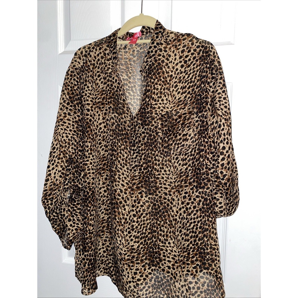 Mix & Co Plus Size 3X Sheer Leopard Print Tunic 3/4 Roll Tab Sleeve Blouse R1